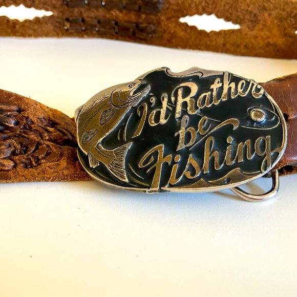 Vintage I’d Rather Be Fishing Belt Buckle and Leather Belt - Picture 2 of 5